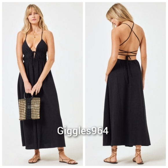 L*Space Playa Vista Linen Blend Midi Dress in Black - Picture 1 of 3